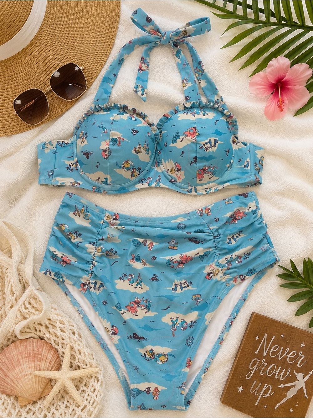 Disney Light Blue Tropical Print High-Waist Bikini